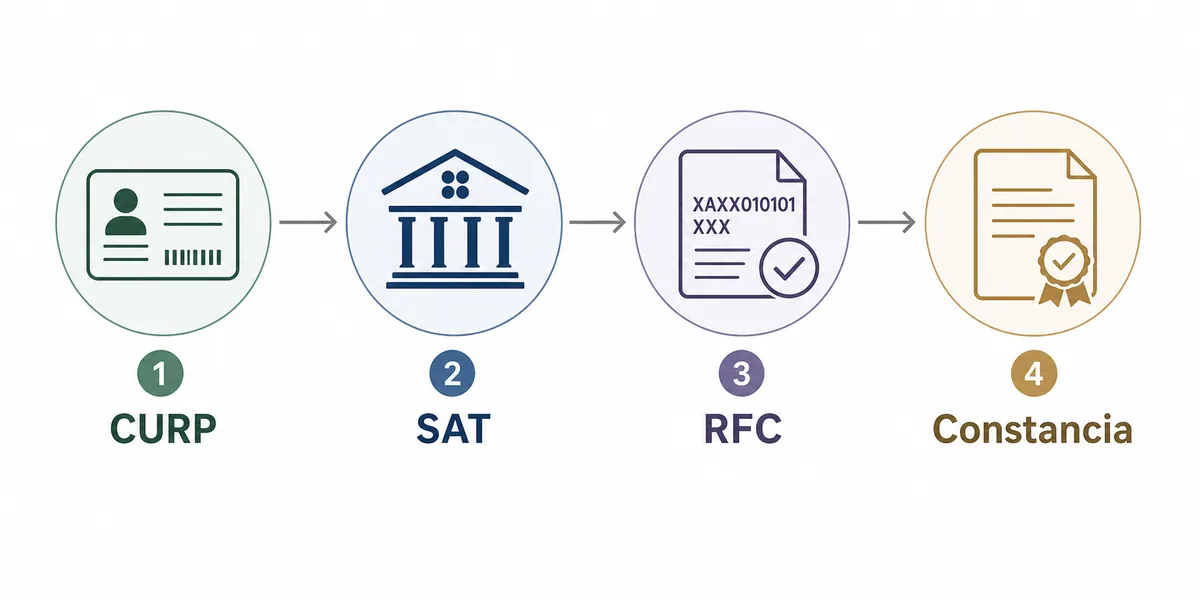 Flujo editorial para confirmar la homoclave del RFC con CURP, SAT, RFC y constancia fiscal