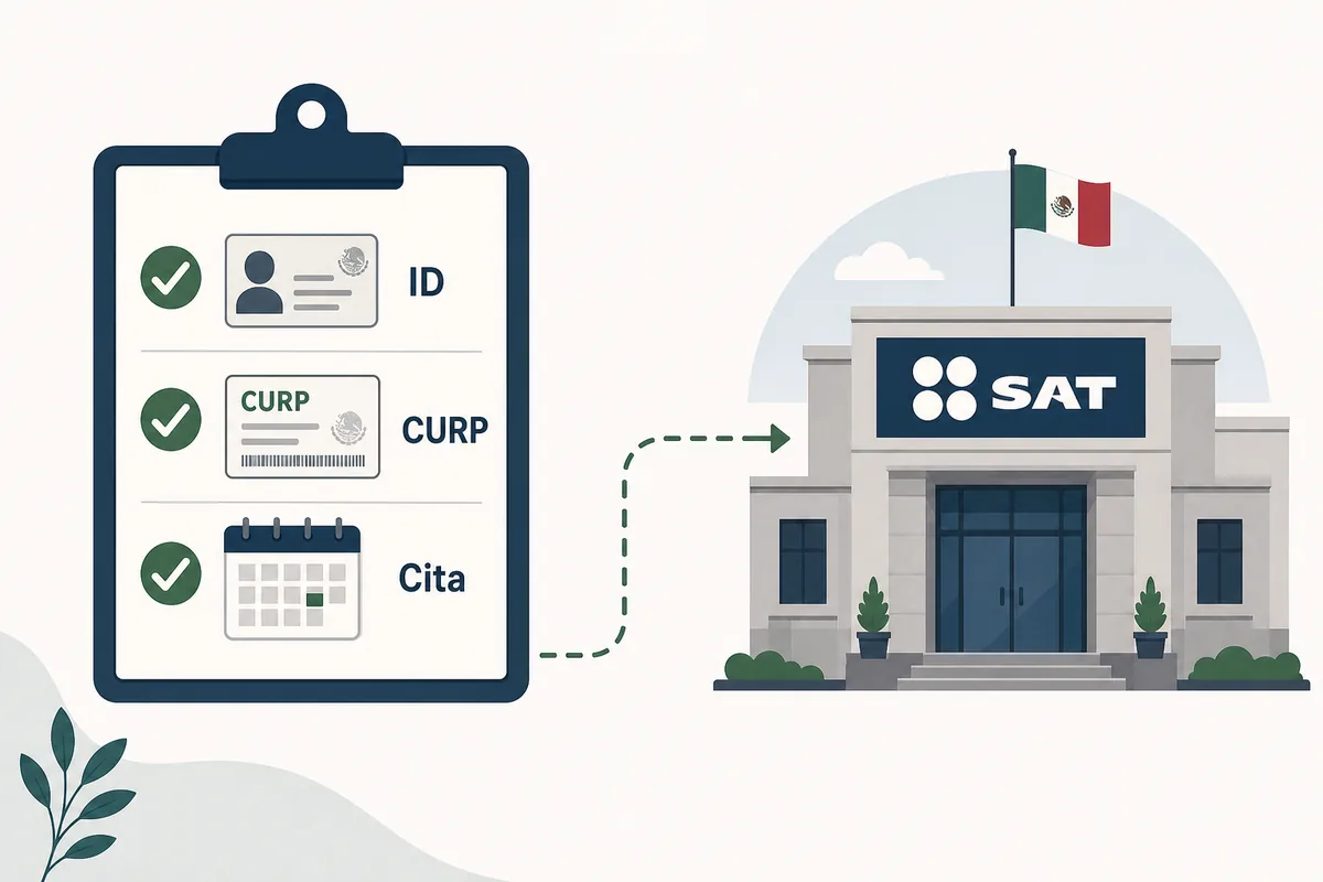 Ilustración editorial de documentos y cita SAT para sacar el RFC por primera vez