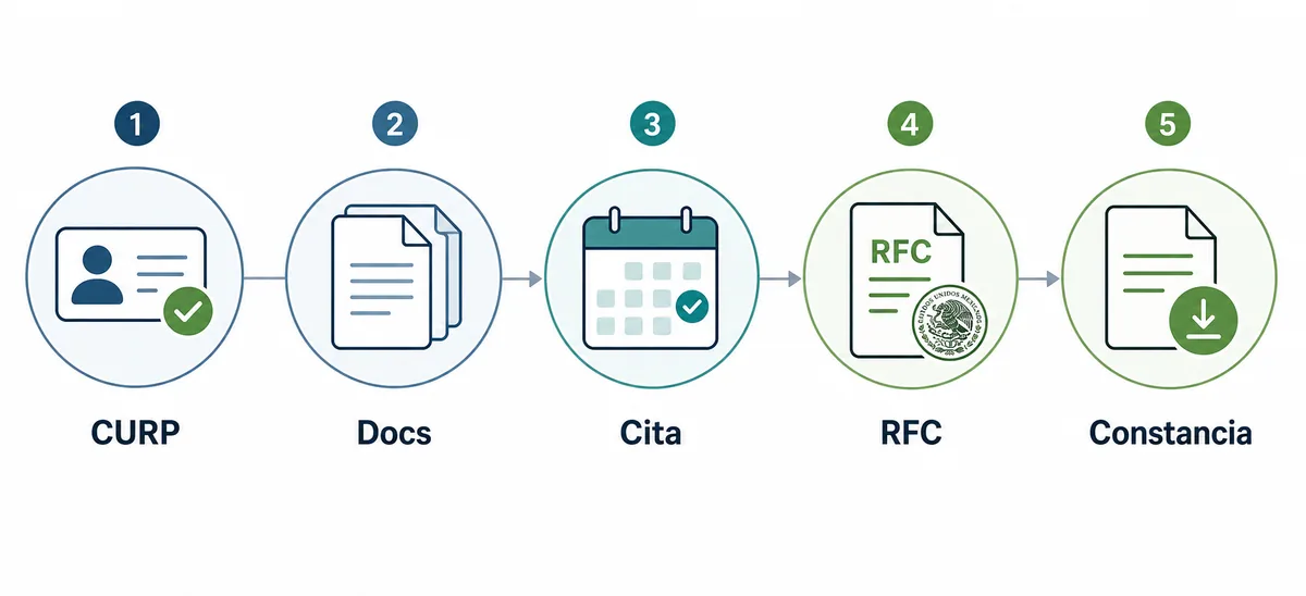 Diagrama de cinco pasos para obtener RFC: CURP, documentos, cita, RFC y constancia