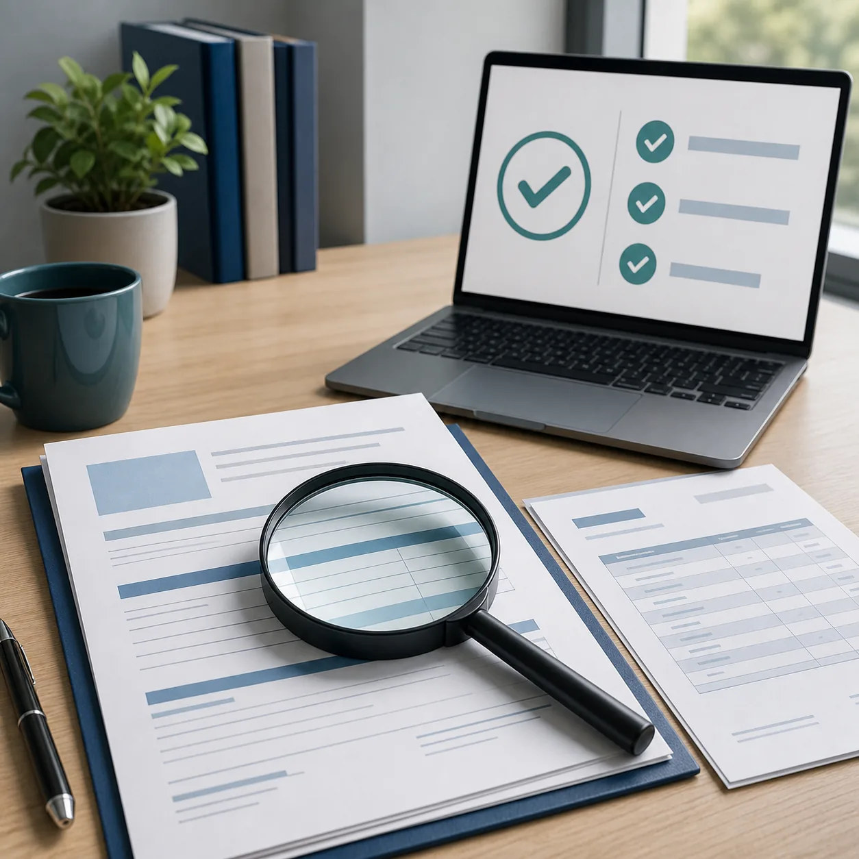 Documentos empresariales y lupa para revisar datos fiscales de una empresa