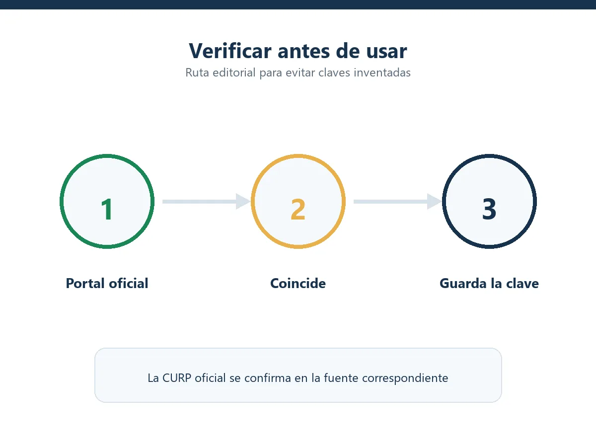 Flujo editorial de cinco pasos para verificar una CURP en una fuente oficial