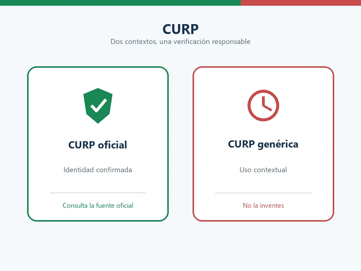 Diagrama editorial que compara una CURP genérica de contexto con una CURP real verificable