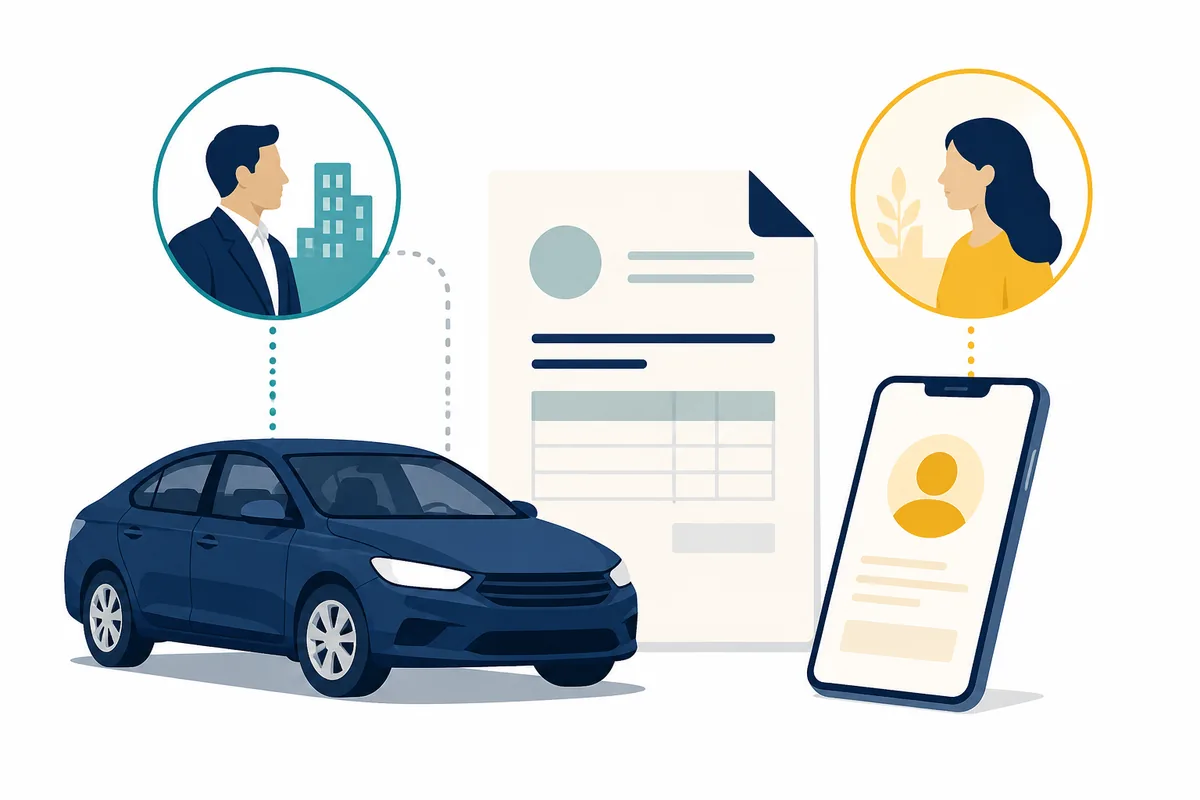 Auto de transporte junto a un documento fiscal y un teléfono como ilustración del RFC de Uber