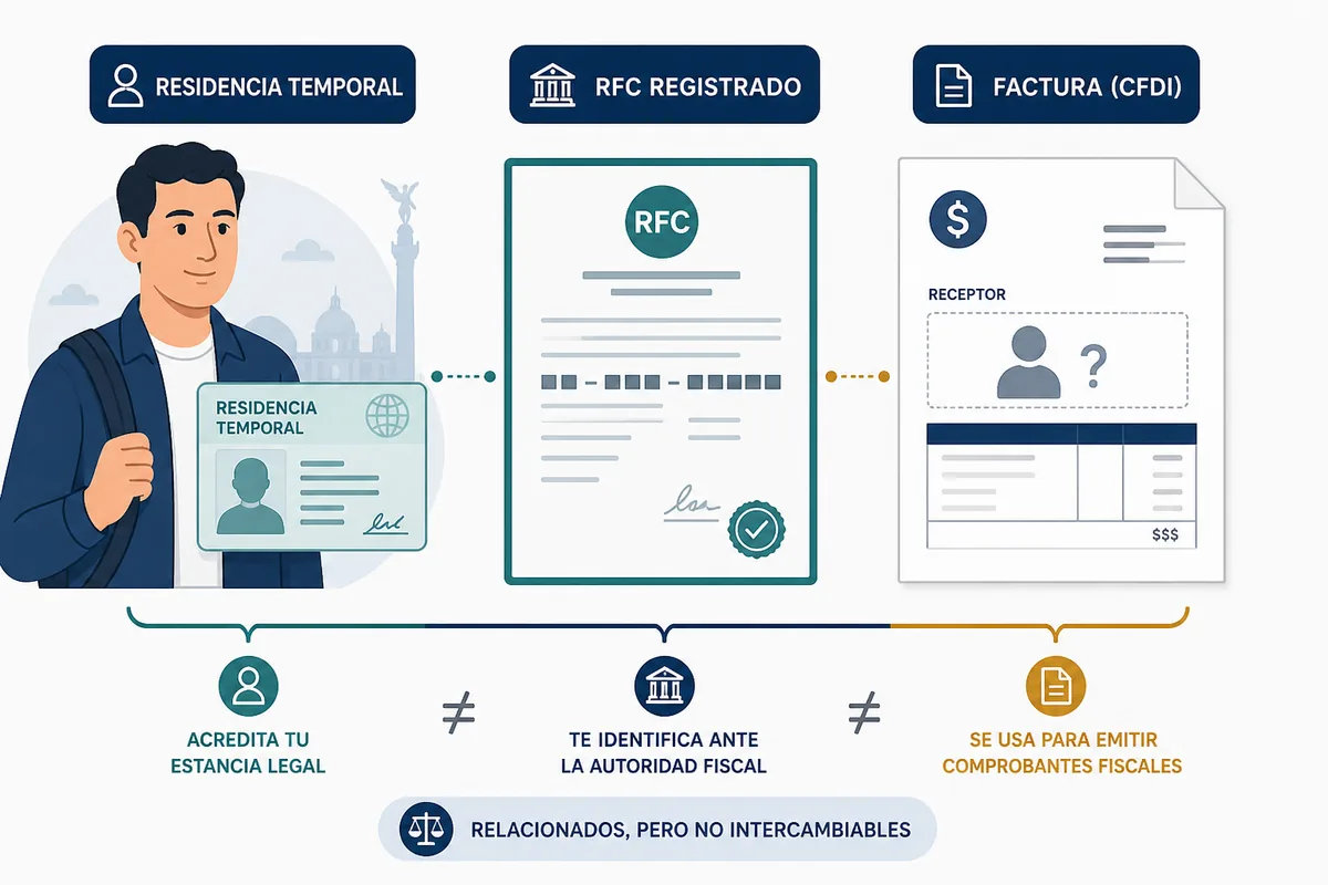 Ilustración editorial que diferencia residencia temporal, RFC registrado y CFDI